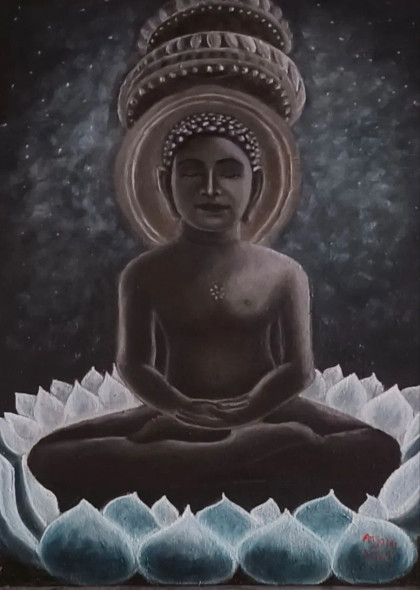 “Peaceful Meditating Jain Tirthankar On Lotus Painting” (ART-8067-101930) - Handpainted Art Painting - 9in X 12in