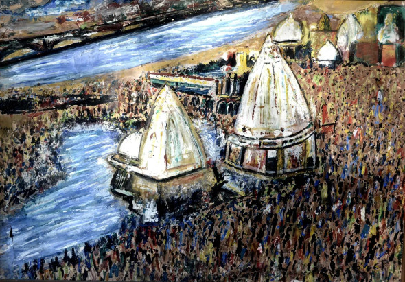 KUMB MELA AT HARIDWAR (ART-6175-101987) - Handpainted Art Painting - 28in X 19in