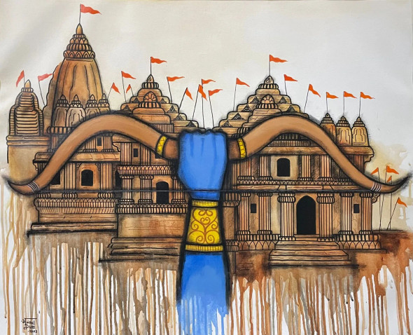Ram Janmabhoomi (Ayodhya Ram Mandir) (ART-7129-101988) - Handpainted Art Painting - 27in X 33in