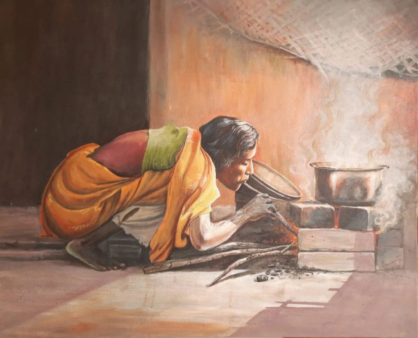 Village Old Women (ART-8961-101990) - Handpainted Art Painting - 30in X 24in