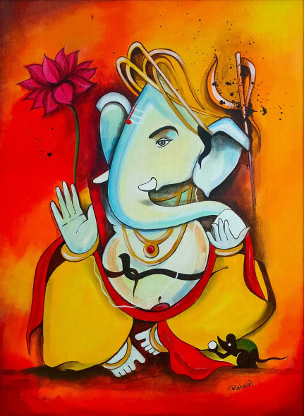 Lord Ganesh (ART-15517-102001) - Handpainted Art Painting - 20in X 27in