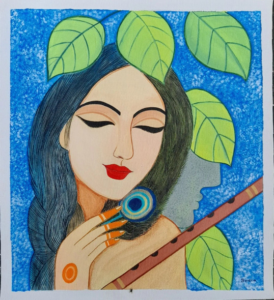Flute And Love (ART-15502-102061) - Handpainted Art Painting - 16in X 18in