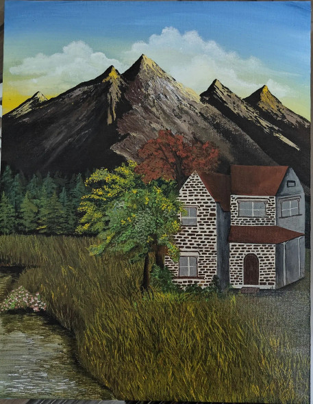 Mountain And Home (ART-15524-102201) - Handpainted Art Painting - 14in X 18in