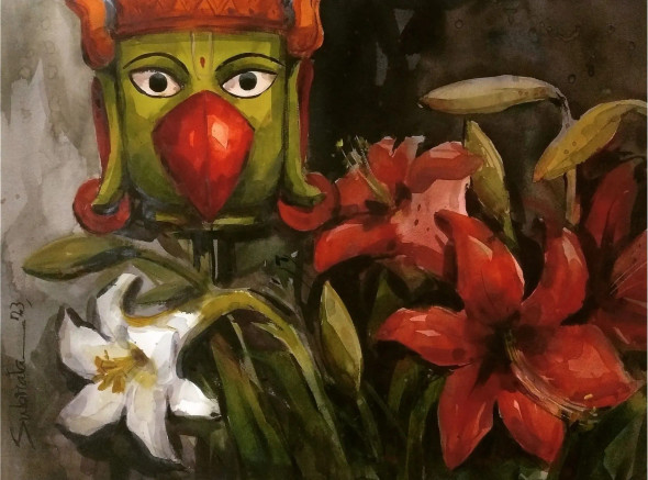 Garur With Red Lilly (ART-8170-102069) - Handpainted Art Painting - 28in X 21in