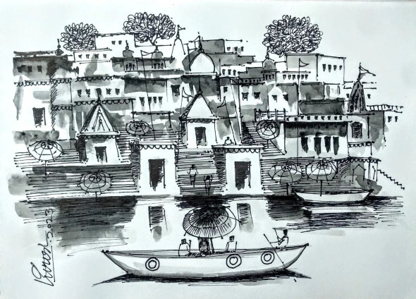 The Spiritual Sketch Of Banaras (ART-1313-102015) - Handpainted Art Painting - 11in X 8in