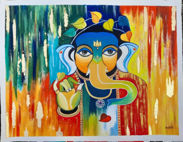 Abstract Ganesha (ART-15502-102059) - Handpainted Art Painting - 22in X 17in