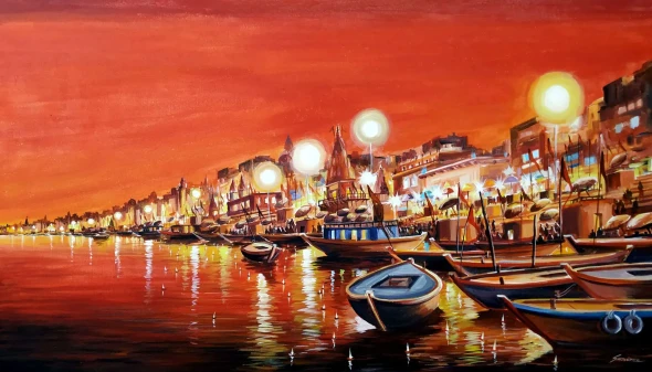 Beauty Of Night Varanasi Ghats (ART-1232-102160) - Handpainted Art Painting - 45in X 26in