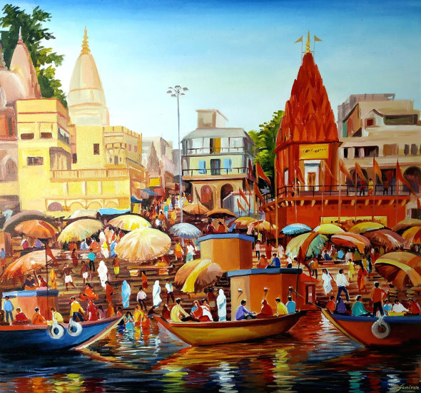 Morning Varanasi Ghats (ART-1232-102161) - Handpainted Art Painting - 32in X 30in
