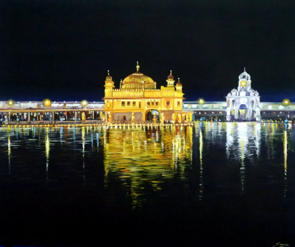 Night Golden Temple (ART-1232-102140) - Handpainted Art Painting - 36in X 30in