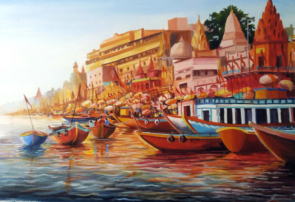 Colorful Morning Varanasi Ghats (ART-1232-102139) - Handpainted Art Painting - 30in X 20in