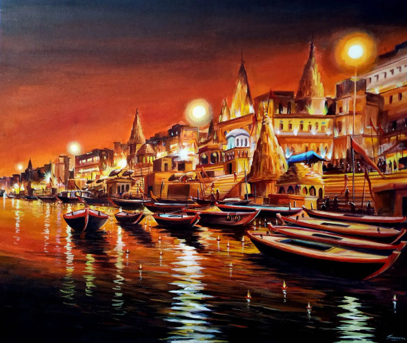 Silent Night Varanasi Ghats (ART-1232-102174) - Handpainted Art Painting - 36in X 30in