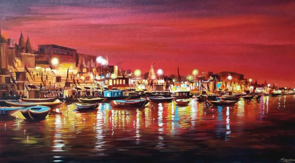 Cloudy Night Reflections Varanasi (ART-1232-102176) - Handpainted Art Painting - 36in X 24in