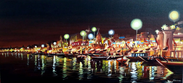 Beauty Of Night Reflections Varanasi (ART-1232-102252) - Handpainted Art Painting - 33in X 15in