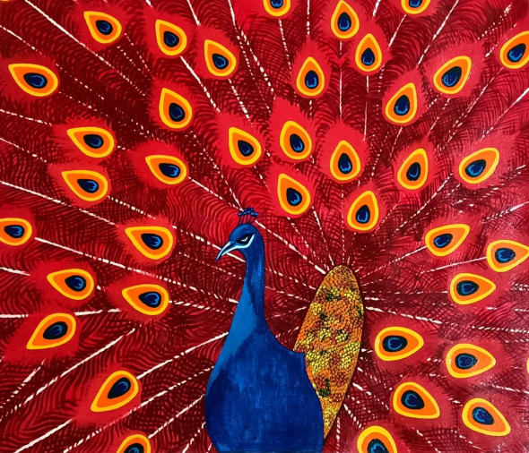 Red Peacock (ART-15598-102588) - Handpainted Art Painting - 30in X 25in