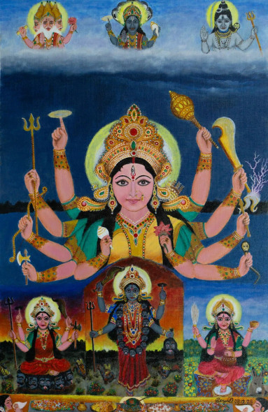 Eternal Protection: Goddess Durga's Embrace Of Power And Blessings (PRT-15616-102695) - Canvas Art Print - 16in X 24in