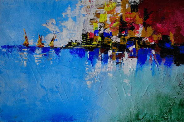 Sailboats, Seascape Abstract, 18x12 In, Acrylic On Textured Paper- 126 (ART-15639-102663) - Handpainted Art Painting - 18in X 12in