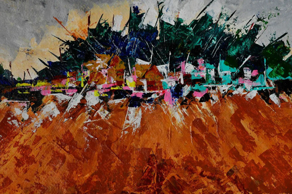 Small Town, Landscape Abstract, 18x12 In, Acrylic On Textured Paper- 128 (ART-15639-102665) - Handpainted Art Painting - 18in X 12in