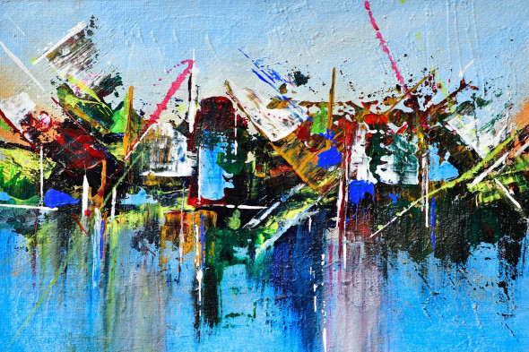 Shipyard, Landscape Abstract, 14"x11" In, Acrylic On Textured Paper -123 (ART-15639-102660) - Handpainted Art Painting - 14in X 11in