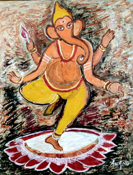 DANCING GANESHA-2 (ART-6175-102722) - Handpainted Art Painting - 23in X 28in