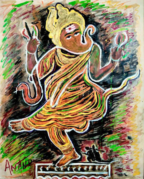 DANCING GANESHA-1 (ART-6175-102721) - Handpainted Art Painting - 23in X 28in