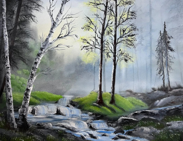 Flowing River From Misty Atmosphere (ART-7855-102874) - Handpainted Art Painting - 24in X 18in