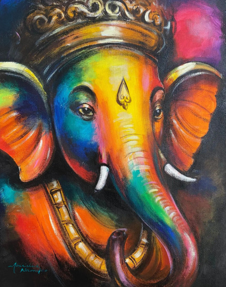 Ganesha Acrylic Painting (ART-3512-102875) - Handpainted Art Painting - 14in X 24in