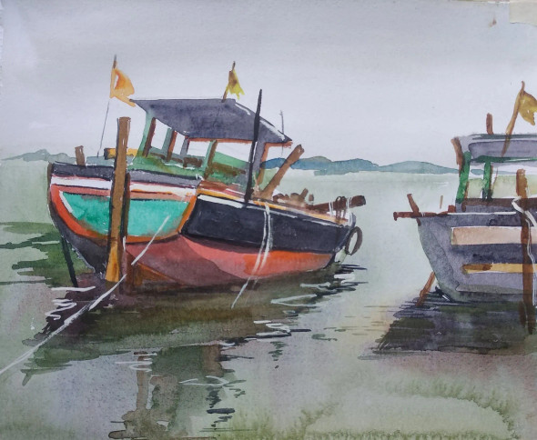 Boats (ART-8343-102923) - Handpainted Art Painting - 14in X 10in