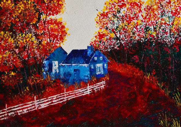 Beautiful Farmhouse With Fall Trees, Large 28x20 Inches, Landscape Abstract, -162 (ART-15639-102814) - Handpainted Art Painting - 28in X 20in