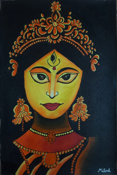 Durga Painting (ART-15683-102907) - Handpainted Art Painting - 10in X 12in