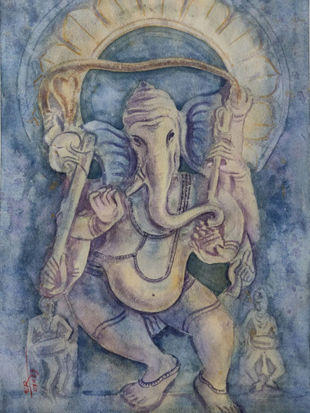 Ganesha (ART-1559-102951) - Handpainted Art Painting - 11in X 15in
