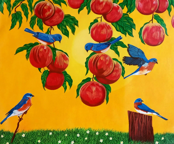 Blue Birds On A Fruit Tree (ART-15598-102989) - Handpainted Art Painting - 28in X 23in