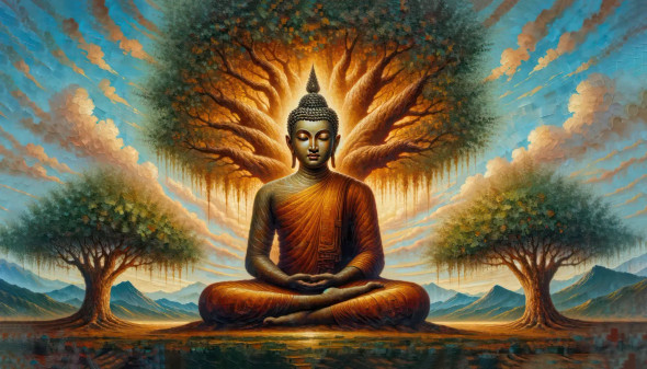 Divine Enlightenment: Buddha Beneath The Bodhi Tree (PRT-15697-102992) - Canvas Art Print - 60in X 34in