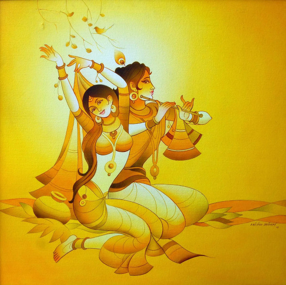 Radha Krishna Premlila In Yellow Col. (ART-15659-103040) - Handpainted Art Painting - 32in X 32in