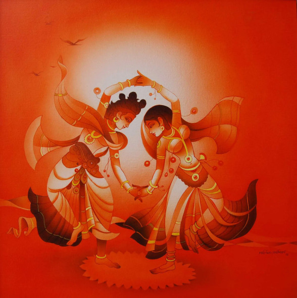 Radha Krishna Premlila In Orange Col. (ART-15659-103042) - Handpainted Art Painting - 32in X 32in