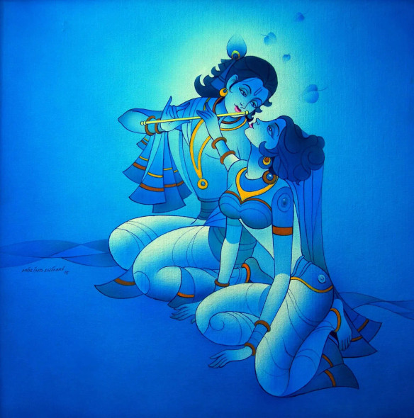 Radha Krishna Premlila In Blue Col. (ART-15659-103035) - Handpainted Art Painting - 32in X 32in