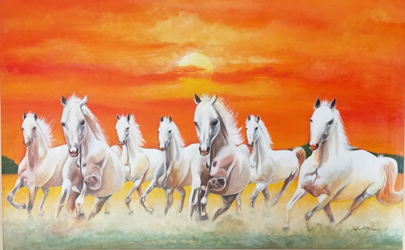 7 Horse Running Handmade Vastu Painting With Sunrise Background (ART-15289-103138) - Handpainted Art Painting - 48in X 30in