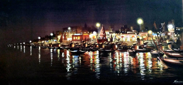 Night Reflections Varanasi (ART-1232-103184) - Handpainted Art Painting - 33in X 15in