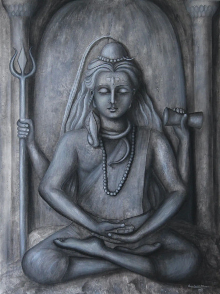 God Shiva - Shankar (ART-976-103249) - Handpainted Art Painting - 36in X 48in