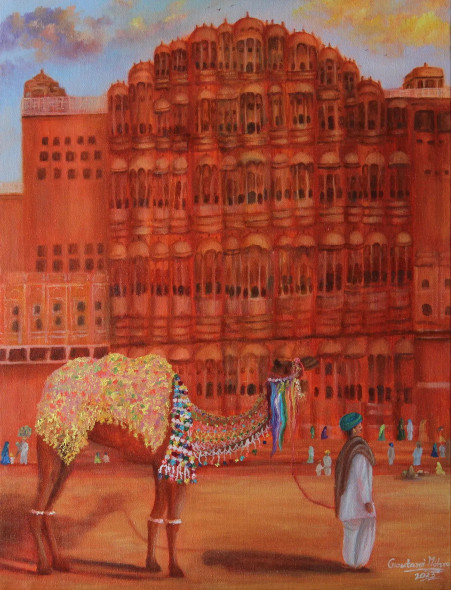 Rajasthan - Hawamahal (ART-976-103250) - Handpainted Art Painting - 18in X 24in