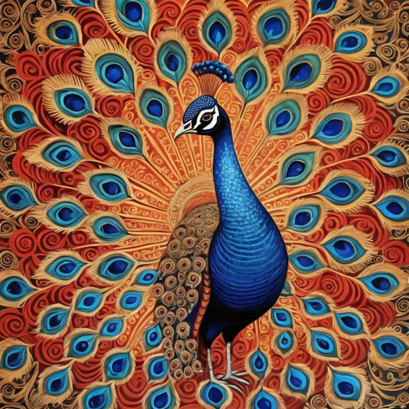 Majestic Peacock: A Vibrant Madhubani Masterpiece (ART-15561-103283) - Handpainted Art Painting - 10in X 10in