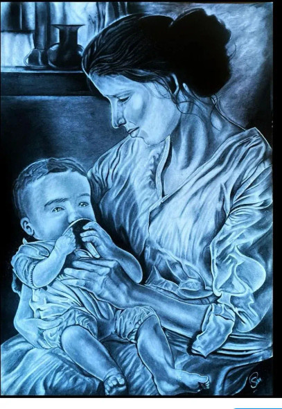 Mother Lovingly Holding Her Child In Her Arms (ART-15770-103285) - Handpainted Art Painting - 8in X 8in