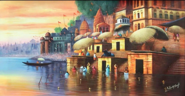 Banaras Ghat Painting (ART-6706-103309) - Handpainted Art Painting - 60in X 30in