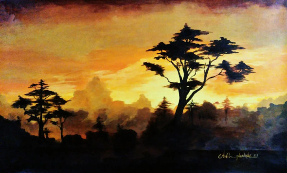 Handmade Nature Landscape Acrylic Painting - Vibrant Forest Scenery (ART-15795-103355) - Handpainted Art Painting - 36in X 24in