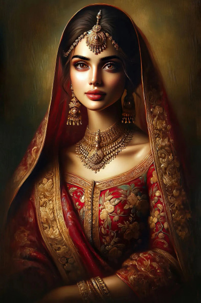 Elegance Unveiled: A Radiant Indian Bride Adorned In Rich Wedding Jewelry (PRT-15697-103405) - Canvas Art Print - 40in X 60in