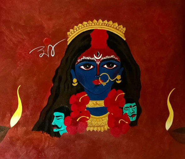 Maa Kali (ART-15598-103404) - Handpainted Art Painting - 21in X 19in