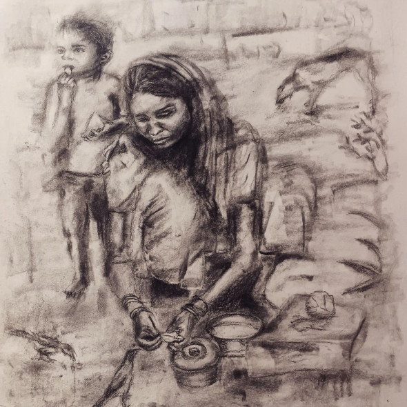 Poor Mother Drawing (ART-15818-103452) - Handpainted Art Painting - 22in X 28in