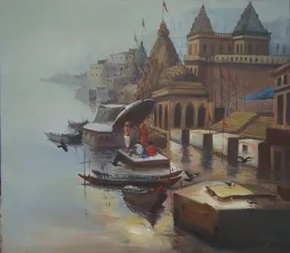 BANARAS GHAT (ART-15797-103560) - Handpainted Art Painting - 48in X 36in