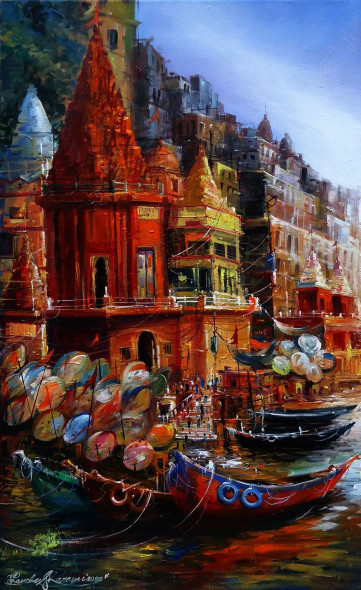 BANARAS GHAT (ART-15797-103566) - Handpainted Art Painting - 29in X 47in