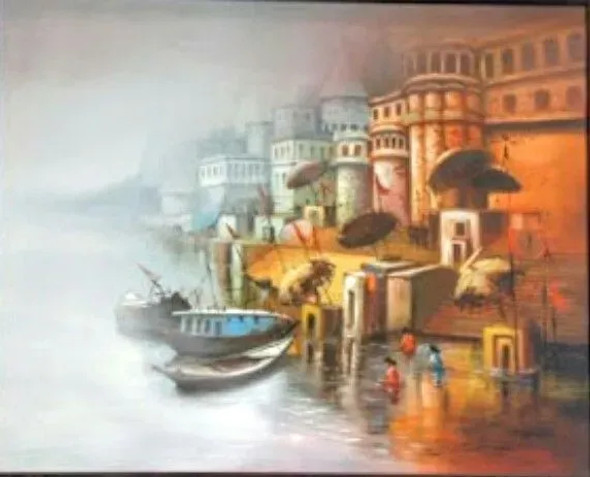 BANARAS GHAT (ART-15797-103557) - Handpainted Art Painting - 48in X 36in