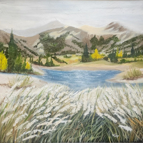 Lake Front Mountain Meadow (ART-7993-103581) - Handpainted Art Painting - 24in X 24in